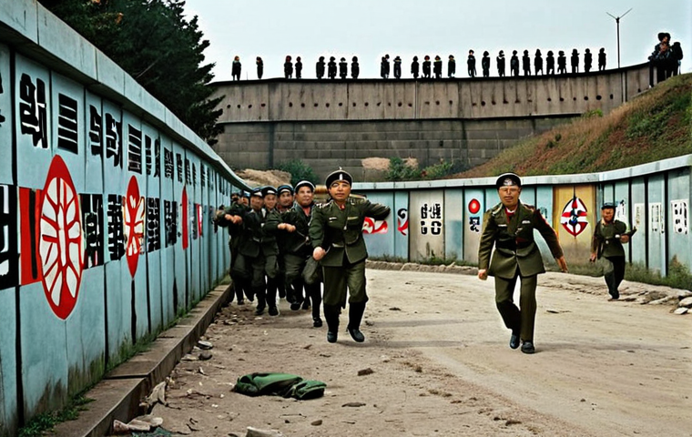 **
"The Fall of the Berlin Wall meets the Korean DMZ. A powerful visual metaphor contrasting the joyous reunification of Germany with the stark division still present on the Korean peninsula. Include elements of both scenes: jubilant Germans tearing down the wall, juxtaposed with the heavily guarded and tense atmosphere of the DMZ. Style: Dramatic, historical, slightly surreal."
**