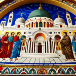 **Byzantine Mosaic Art:** A vibrant, detailed mosaic depicting a biblical scene, using small pieces of colored glass and stone. The style should evoke the grandeur of the Basilica di San Marco in Venice, focusing on rich colors and intricate details.