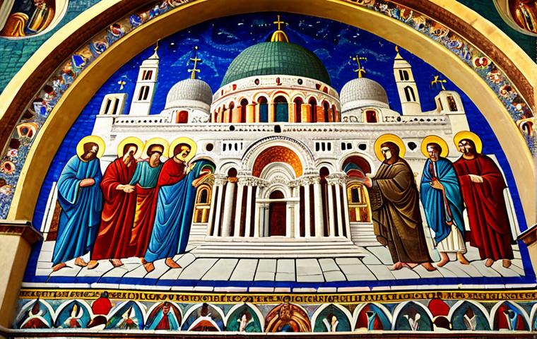 **Byzantine Mosaic Art:** A vibrant, detailed mosaic depicting a biblical scene, using small pieces of colored glass and stone. The style should evoke the grandeur of the Basilica di San Marco in Venice, focusing on rich colors and intricate details.