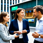 A diverse group of four individuals, two men and two women of varying European ethnicities, in their late 20s to early 40s, dressed in professional yet approachable business attire and smart casual clothing. They are engaged in a collaborative discussion in a bright, modern European city public space. In the background, digital screens display economic data and green energy initiatives, and an electric vehicle charging station is subtly visible. Diverse food market stalls and contemporary architecture symbolize the free movement of goods and a future-forward environment. Perfect anatomy, correct proportions, natural pose, well-formed hands, proper finger count, natural body proportions, professional photography, high quality, realistic, safe for work, appropriate content, fully clothed, family-friendly.