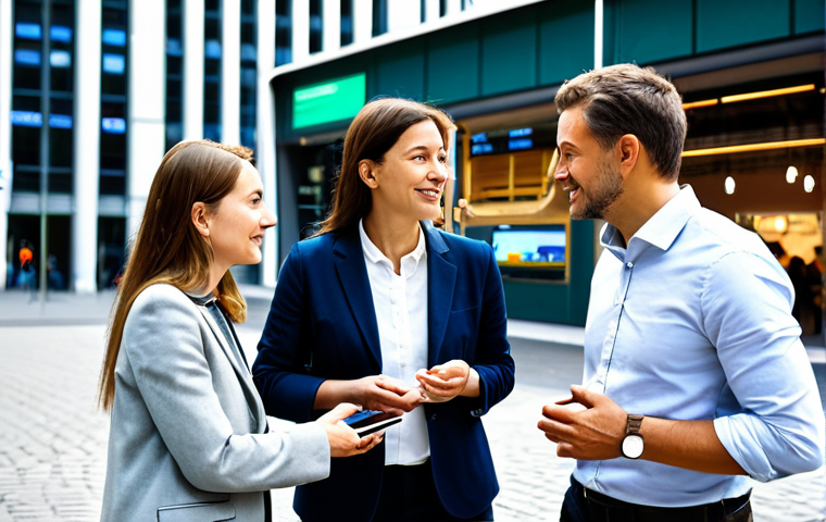 A diverse group of four individuals, two men and two women of varying European ethnicities, in their late 20s to early 40s, dressed in professional yet approachable business attire and smart casual clothing. They are engaged in a collaborative discussion in a bright, modern European city public space. In the background, digital screens display economic data and green energy initiatives, and an electric vehicle charging station is subtly visible. Diverse food market stalls and contemporary architecture symbolize the free movement of goods and a future-forward environment. Perfect anatomy, correct proportions, natural pose, well-formed hands, proper finger count, natural body proportions, professional photography, high quality, realistic, safe for work, appropriate content, fully clothed, family-friendly.