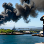 A professional, fully clothed U.S. Navy officer stands on a high vantage point overlooking Pearl Harbor. In the distance, plumes of smoke rise from naval ships, indicating a significant historical event has just occurred. The scene is set during daylight, conveying a moment of somber reflection rather than direct conflict. The uniform is pristine and period-accurate. The background features the vast harbor with clear skies above. Professional photography, high resolution, realistic rendering, natural lighting, perfect anatomy, correct proportions, natural pose, well-formed hands, proper finger count, natural body proportions, safe for work, appropriate content, modest clothing, family-friendly.
