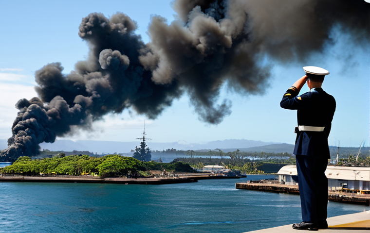 A professional, fully clothed U.S. Navy officer stands on a high vantage point overlooking Pearl Harbor. In the distance, plumes of smoke rise from naval ships, indicating a significant historical event has just occurred. The scene is set during daylight, conveying a moment of somber reflection rather than direct conflict. The uniform is pristine and period-accurate. The background features the vast harbor with clear skies above. Professional photography, high resolution, realistic rendering, natural lighting, perfect anatomy, correct proportions, natural pose, well-formed hands, proper finger count, natural body proportions, safe for work, appropriate content, modest clothing, family-friendly.
