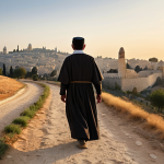 A medieval European pilgrim, fully clothed in modest, practical journey attire, with a resolute and hopeful expression, walking on a dusty path. The background features rolling hills under a warm, dawn sky, with the distant silhouette of a stylized, ancient city representing Jerusalem. Professional photography, high detail, perfect anatomy, correct proportions, natural pose, well-formed hands, proper finger count, natural body proportions, safe for work, appropriate content, fully clothed, modest, family-friendly.