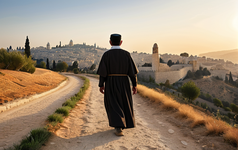 A medieval European pilgrim, fully clothed in modest, practical journey attire, with a resolute and hopeful expression, walking on a dusty path. The background features rolling hills under a warm, dawn sky, with the distant silhouette of a stylized, ancient city representing Jerusalem. Professional photography, high detail, perfect anatomy, correct proportions, natural pose, well-formed hands, proper finger count, natural body proportions, safe for work, appropriate content, fully clothed, modest, family-friendly.