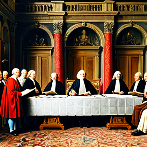 Home 10 The Signing of the Bill of Rights**
"A formal gathering in a grand hall, depicting the signing of the English Bill of Rights, safe for work, appropriate content, fully clothed. Dignitaries in modest, period-appropriate attire, quill pens in hand, signing the document. Background: ornate architecture, tapestries. Perfect anatomy, correct proportions, natural pose, professional historical painting, high quality."
**