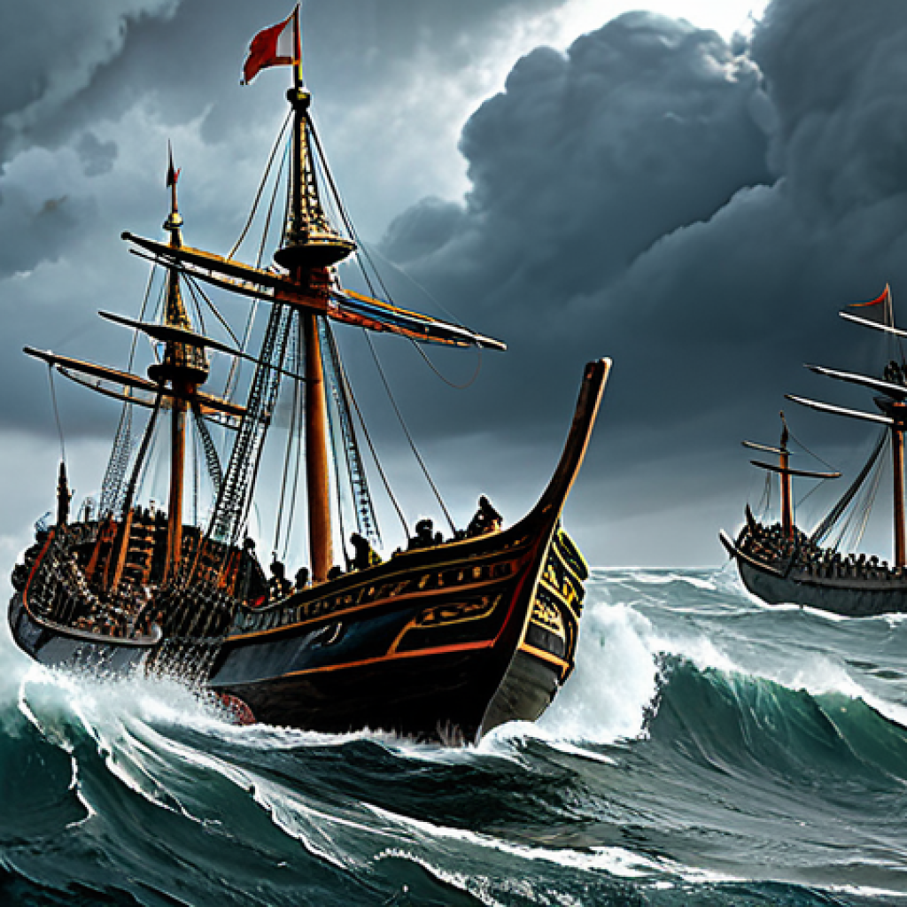 Storm-Battered Mongol Ships**
"Mongol warships tossed violently in a stormy sea, dark clouds overhead, fully clothed Mongol soldiers struggling on deck, high waves, dramatic sky, safe for work, appropriate content, professional illustration, perfect anatomy (of figures), natural proportions, family-friendly, painting style."
**