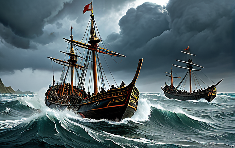 Storm-Battered Mongol Ships**

"Mongol warships tossed violently in a stormy sea, dark clouds overhead, fully clothed Mongol soldiers struggling on deck, high waves, dramatic sky, safe for work, appropriate content, professional illustration, perfect anatomy (of figures), natural proportions, family-friendly, painting style."

**
