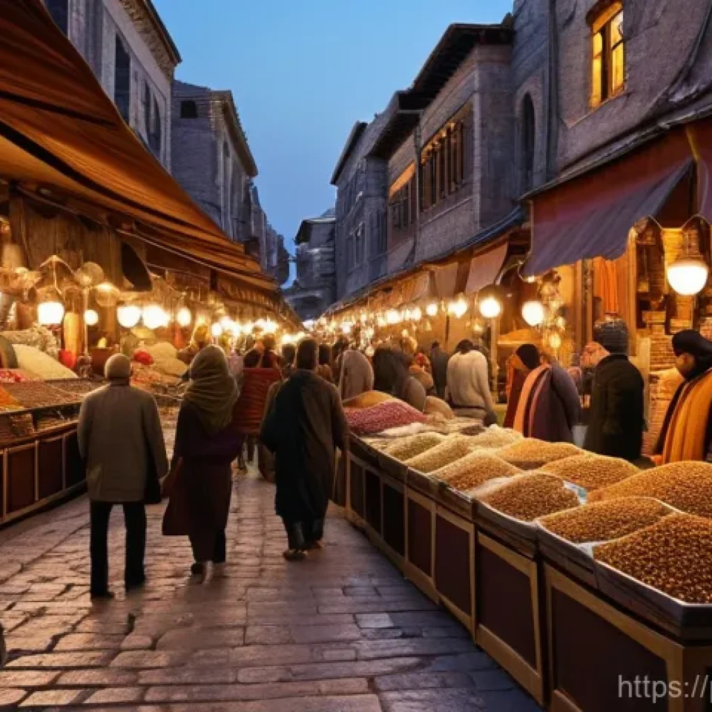 비잔티움 제국의 역사 - **Constantinople's Grand Bazaar at Twilight:**
"A wide, bustling shot of a vibrant Byzantine mar...