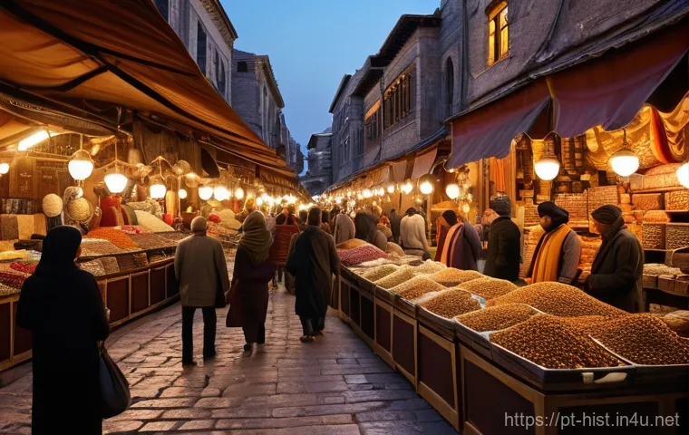 비잔티움 제국의 역사 - **Constantinople's Grand Bazaar at Twilight:**
    "A wide, bustling shot of a vibrant Byzantine mar...
