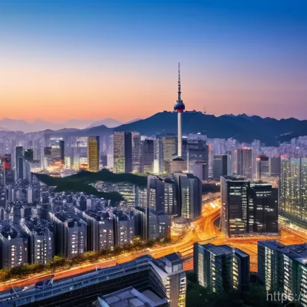 대한민국 현대사 - **A dynamic panoramic view of a modern South Korean city, such as Seoul, at dusk.** The cityscape is...