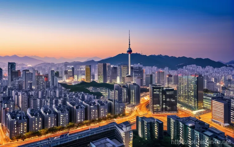 대한민국 현대사 - **A dynamic panoramic view of a modern South Korean city, such as Seoul, at dusk.** The cityscape is...