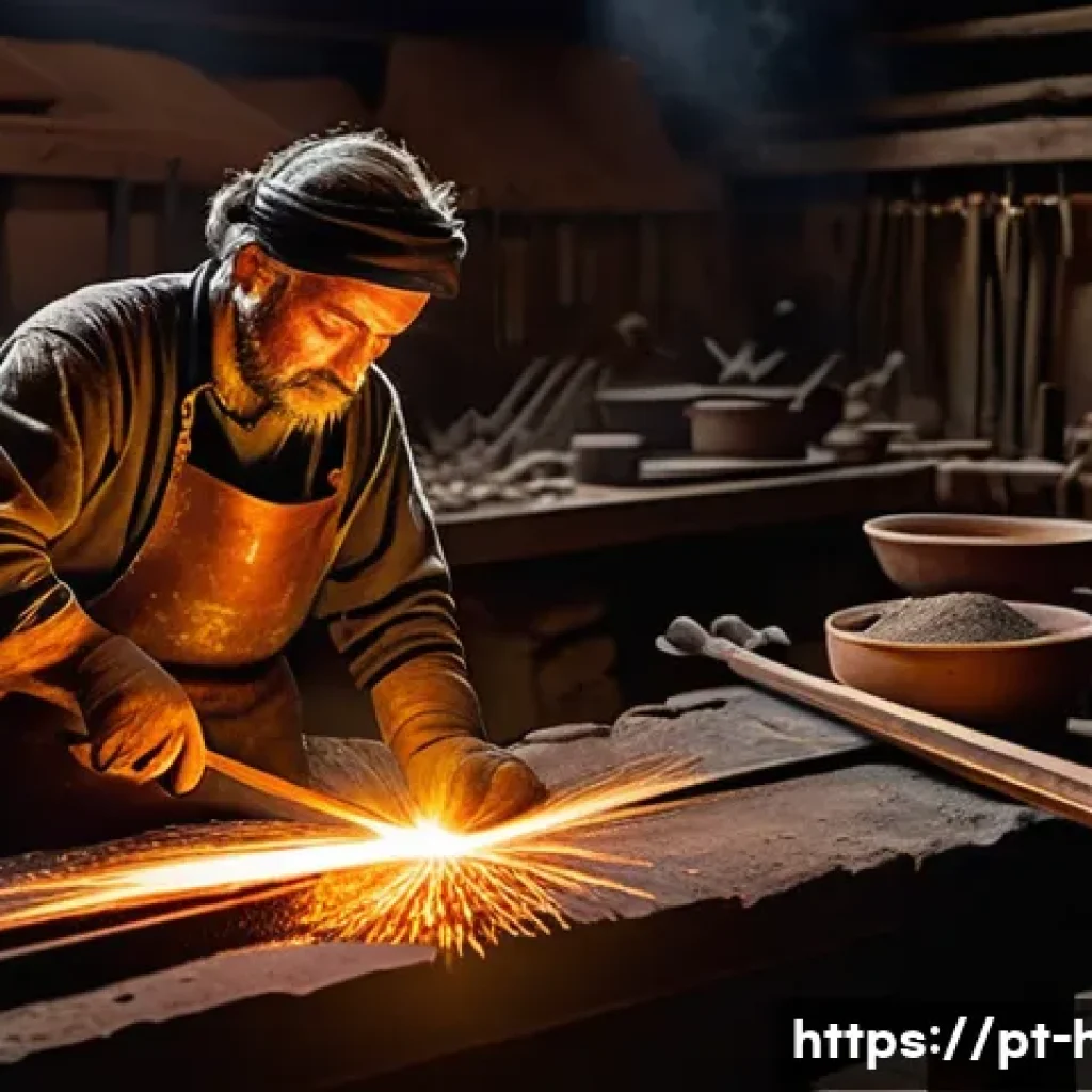 청동기 시대와 국가 형성 - **Prompt:** A dynamic scene depicting Bronze Age metalworkers in a dimly lit, earthy workshop. A glo...