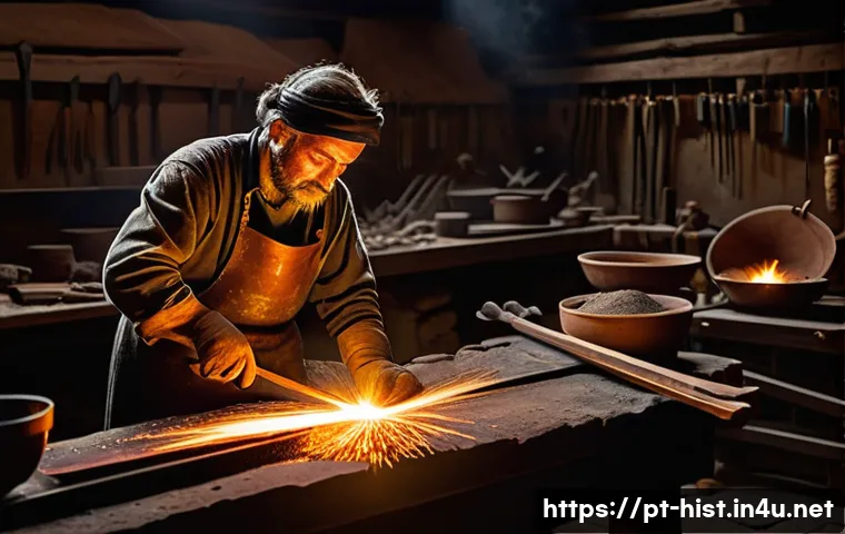 청동기 시대와 국가 형성 - **Prompt:** A dynamic scene depicting Bronze Age metalworkers in a dimly lit, earthy workshop. A glo...