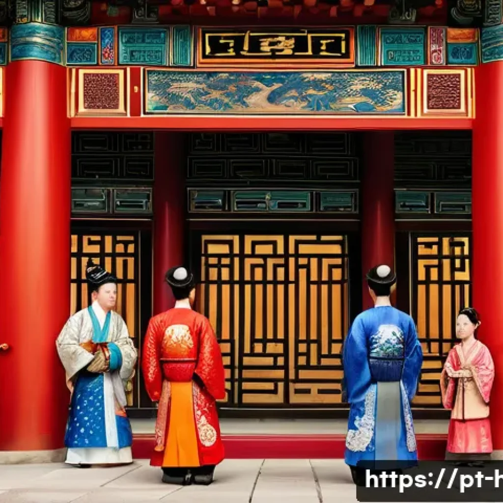 고려시대 대외 관계 - A detailed scene depicting a Goryeo dynasty diplomatic mission to the Song dynasty China: elegantly ...