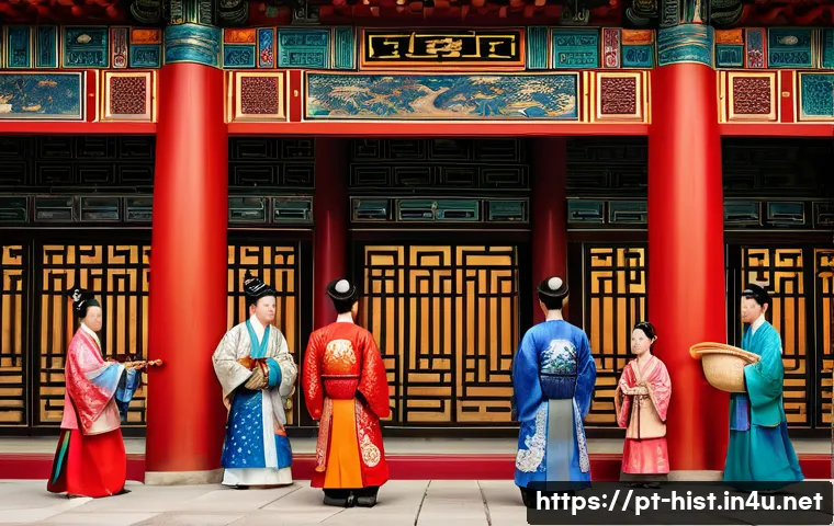고려시대 대외 관계 - A detailed scene depicting a Goryeo dynasty diplomatic mission to the Song dynasty China: elegantly ...
