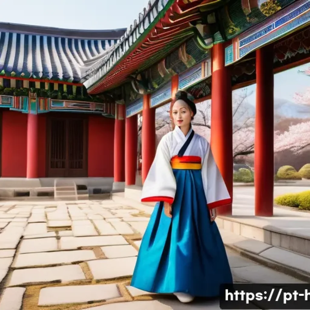 한국 전통문화와 역사적 배경 - A young woman dressed in a vibrant traditional Korean hanbok with vivid primary colors—red, blue, ye...