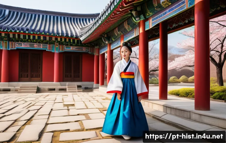 한국 전통문화와 역사적 배경 - A young woman dressed in a vibrant traditional Korean hanbok with vivid primary colors—red, blue, ye...