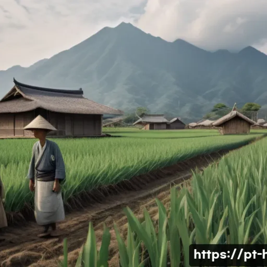 일제강점기 경제 수탈 구조 - A detailed scene of a rural landscape in colonial Southeast Asia during the Japanese occupation, sho...