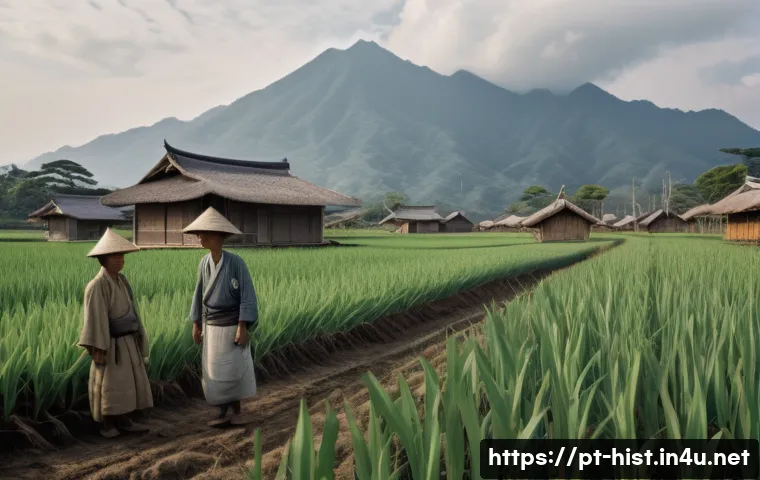 일제강점기 경제 수탈 구조 - A detailed scene of a rural landscape in colonial Southeast Asia during the Japanese occupation, sho...
