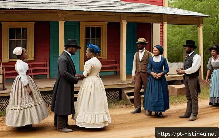 남북전쟁과 미국 사회 변화 - A detailed historical scene depicting the Reconstruction era in the American South, showing a divers...