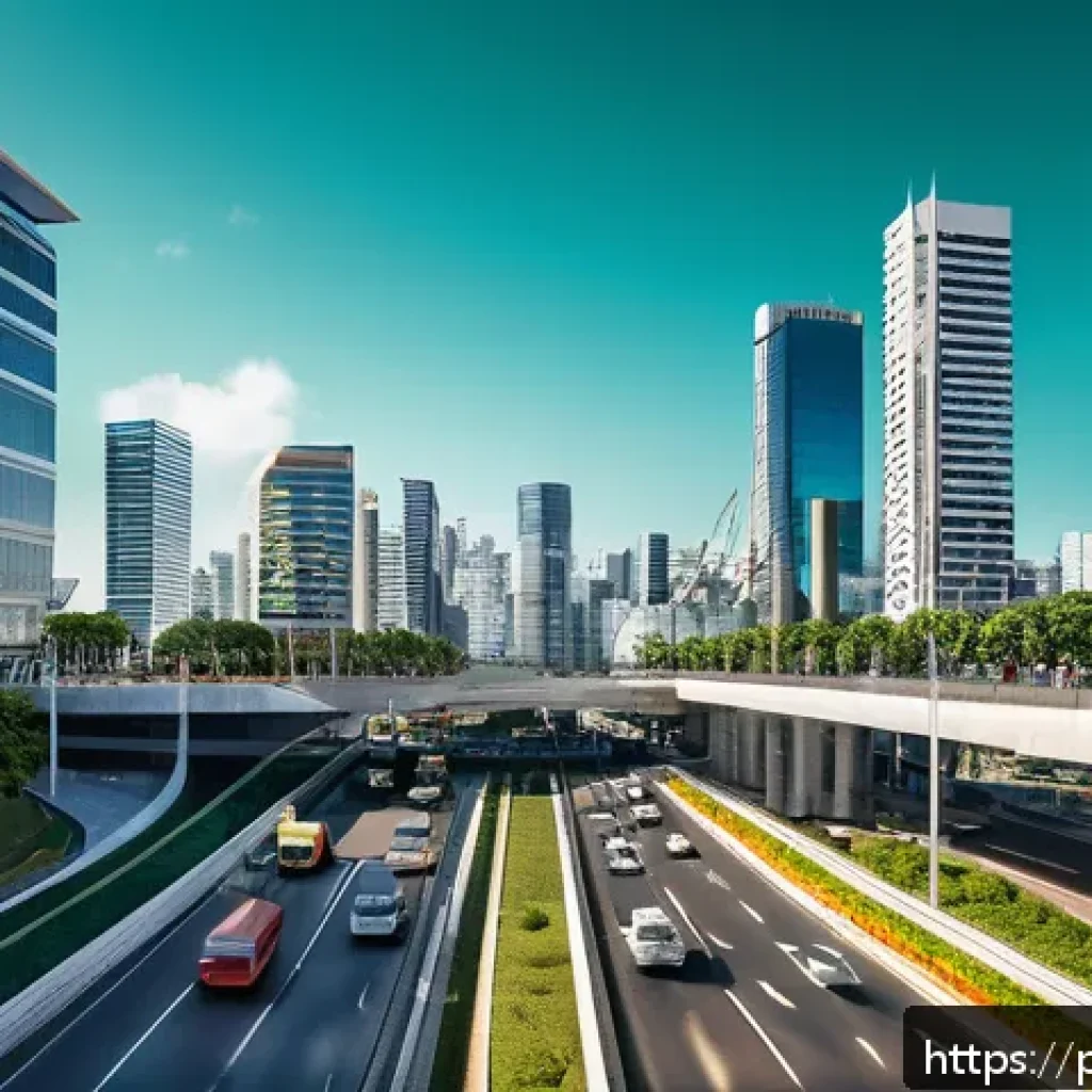 한국 경제 발전사 - A vibrant and detailed urban scene showcasing a modern Brazilian city with integrated transportation...