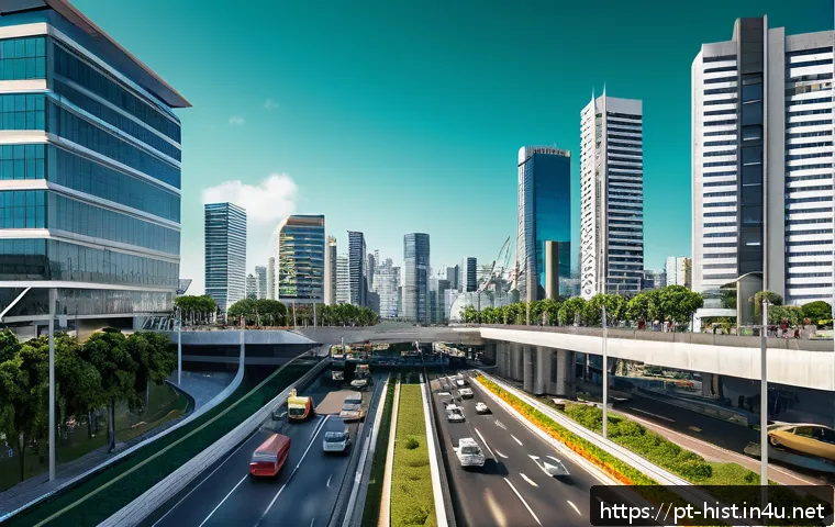 한국 경제 발전사 - A vibrant and detailed urban scene showcasing a modern Brazilian city with integrated transportation...