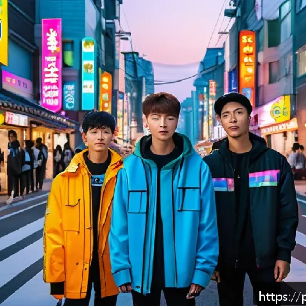 동아시아 근현대사 비교 - A vibrant urban scene of Seoul, South Korea, showcasing a bustling city street at dusk with neon sig...