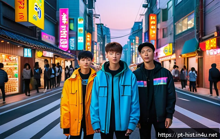 동아시아 근현대사 비교 - A vibrant urban scene of Seoul, South Korea, showcasing a bustling city street at dusk with neon sig...