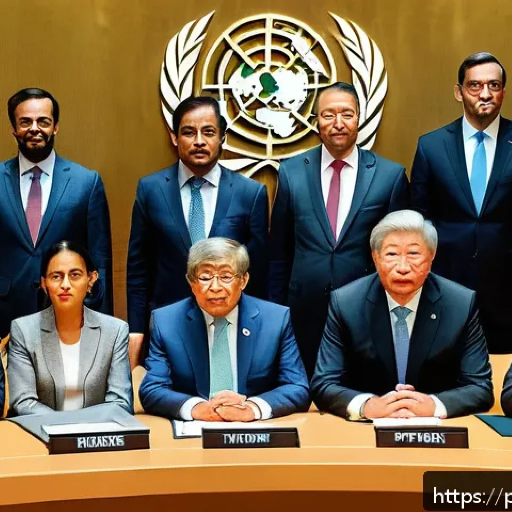UN 창설과 국제 평화 유지 - A diverse group of international diplomats and leaders seated around a large round table in a modern...