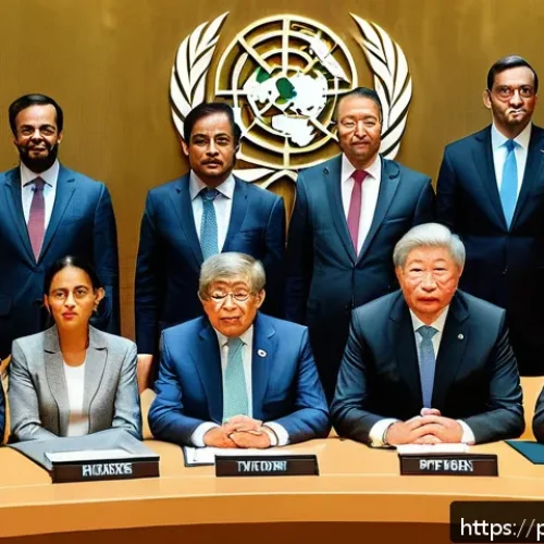 UN 창설과 국제 평화 유지 - A diverse group of international diplomats and leaders seated around a large round table in a modern...