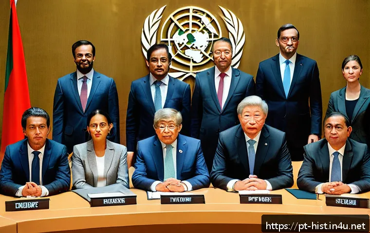 UN 창설과 국제 평화 유지 - A diverse group of international diplomats and leaders seated around a large round table in a modern...